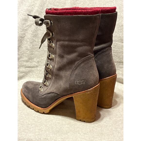 Ugg Australia Size 9 Fabrice Gray Leather Suede Lace Up High Heel Boots EUC - Picture 4 of 11